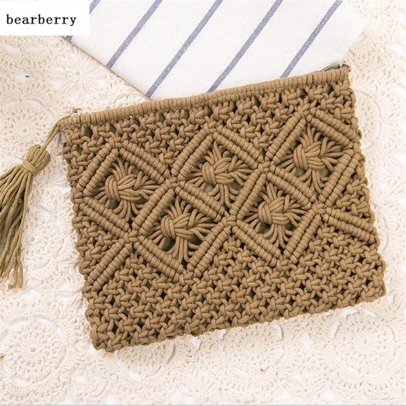 2023 High Quality Fashion Women Hollow Out Clutch Bags Tassel Beach Bags Handmade Kont Message Bags