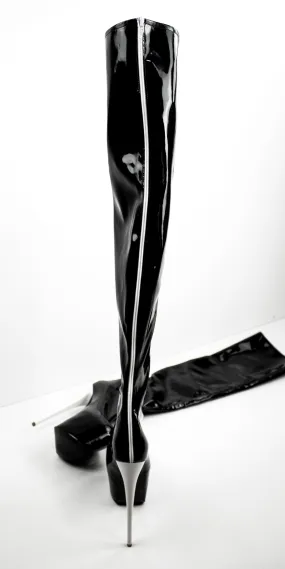 Black Gloss White Back Zipper High Heel Thigh High Boots