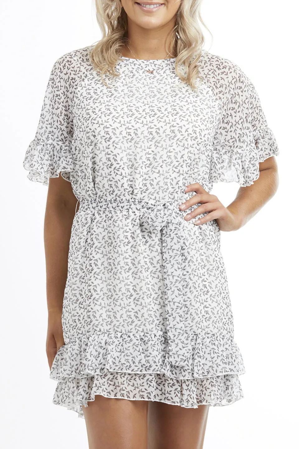 Botanical Ruffle White Black Leafy Sketch Print Georgette Dress