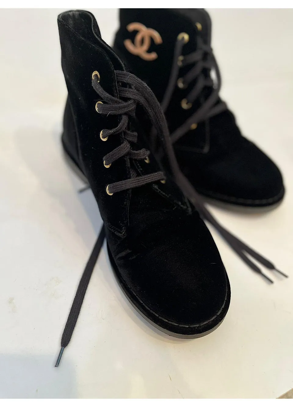 Chanel Black Suede Lace Up Ankle Boots EU 39 US 8.5