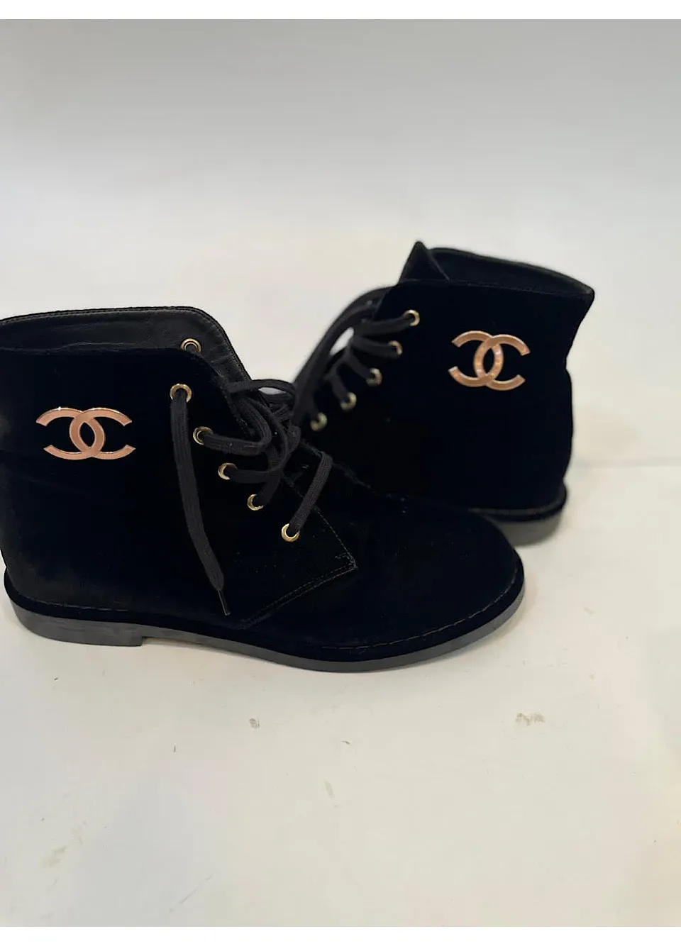 Chanel Black Suede Lace Up Ankle Boots EU 39 US 8.5