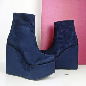 Dark Blue Suede Platform Wedge Boots