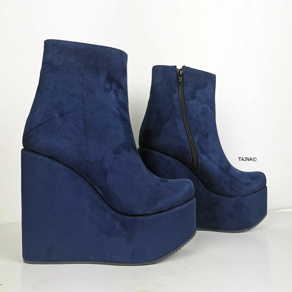 Dark Blue Suede Platform Wedge Boots