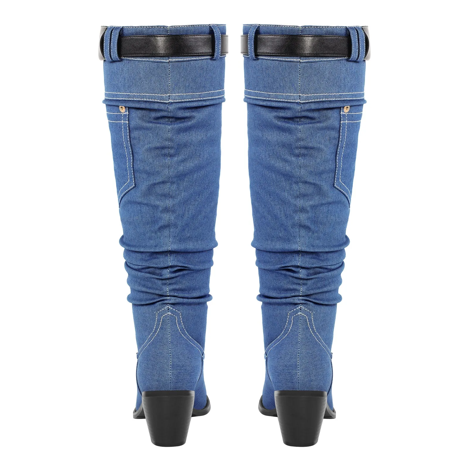 Denim Round Toe Chunky Heel Thigh Boots