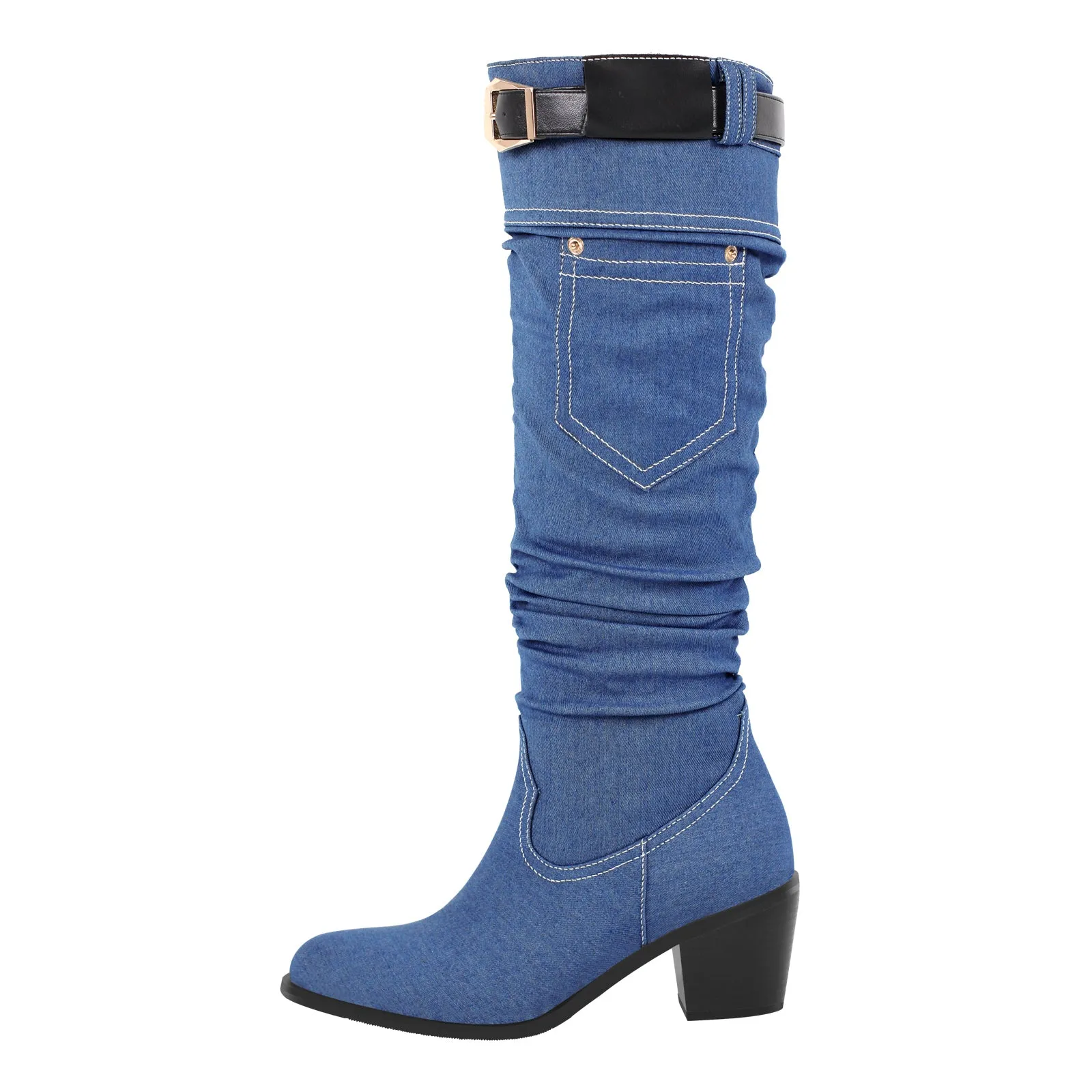 Denim Round Toe Chunky Heel Thigh Boots