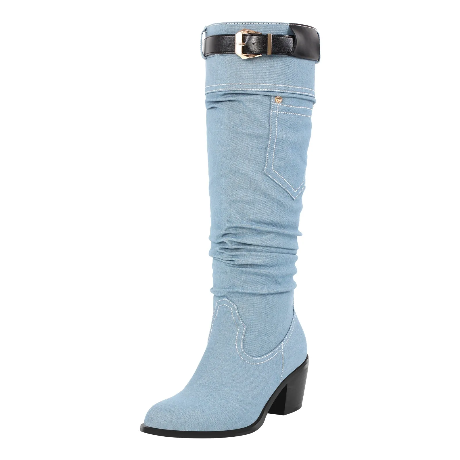 Denim Round Toe Chunky Heel Thigh Boots