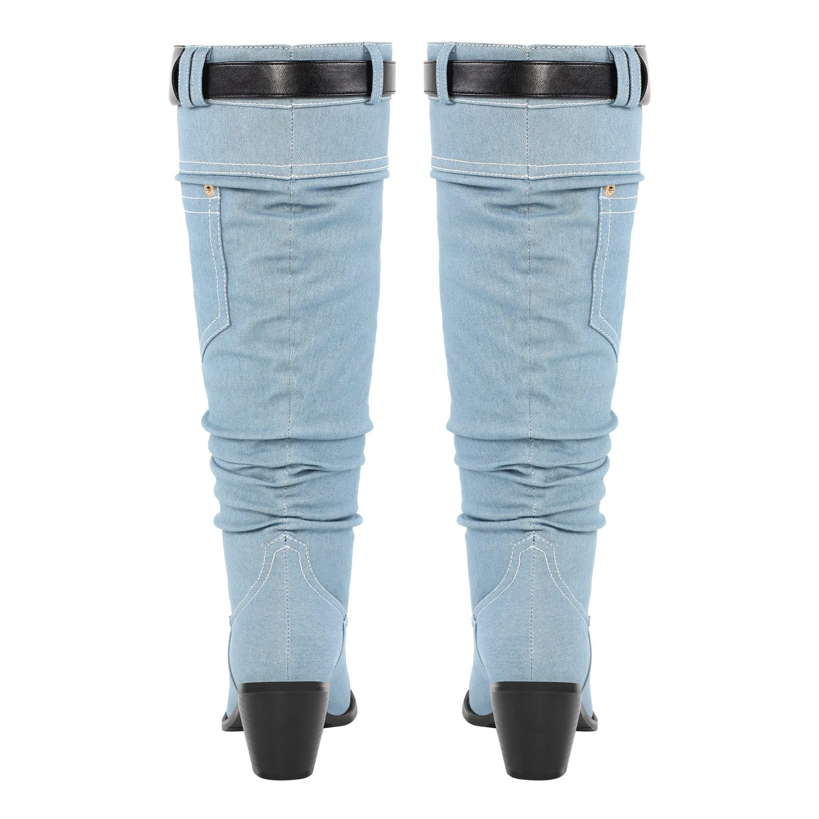 Denim Round Toe Chunky Heel Thigh Boots