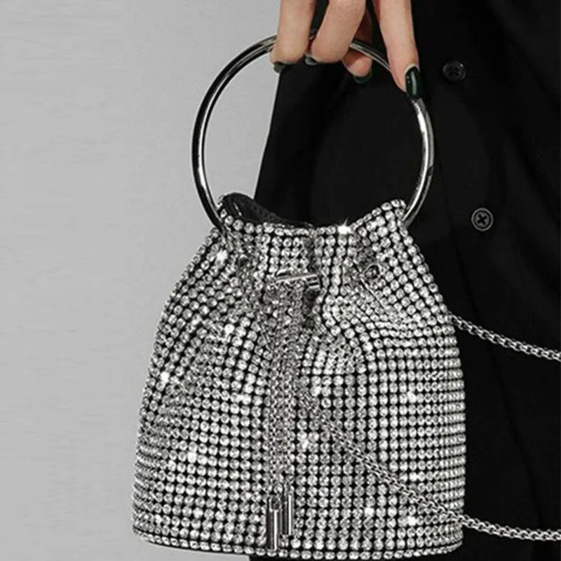 Diamante Bucket Bag - Drawstring Evening Bag Clutch for Women