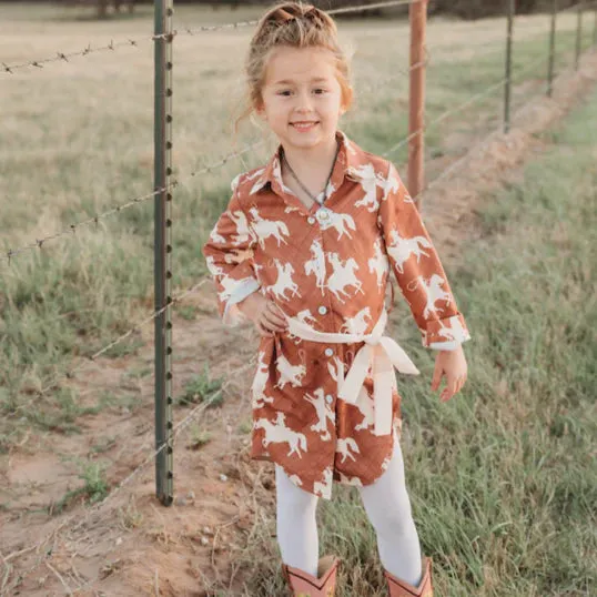 Girl's Shea Baby Brown Running Horse Button Up Long Sleeve Dress