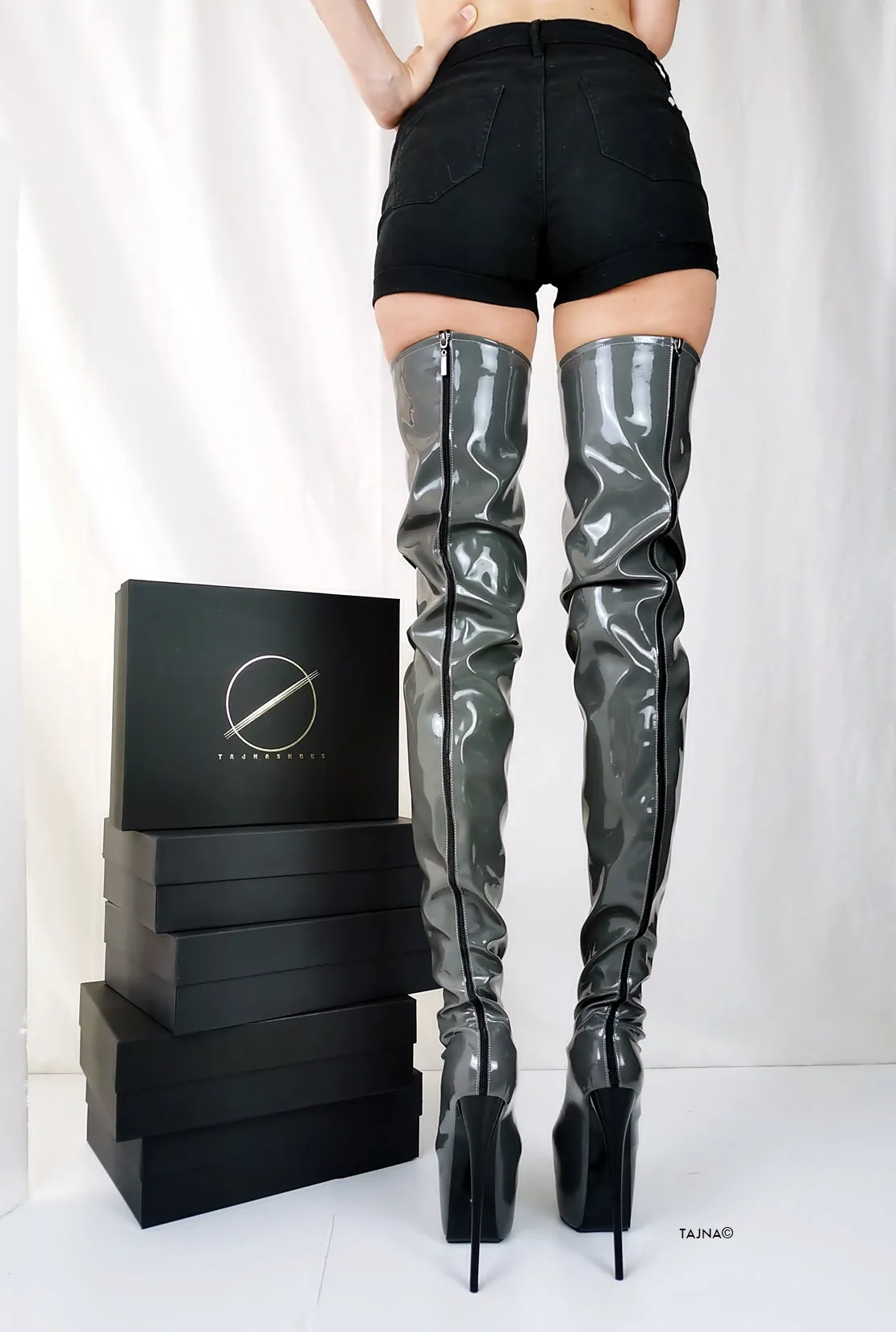 Gray Gloss Back Zipper Thigh High Boots