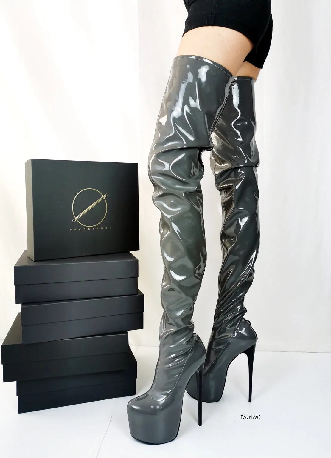 Gray Gloss Back Zipper Thigh High Boots