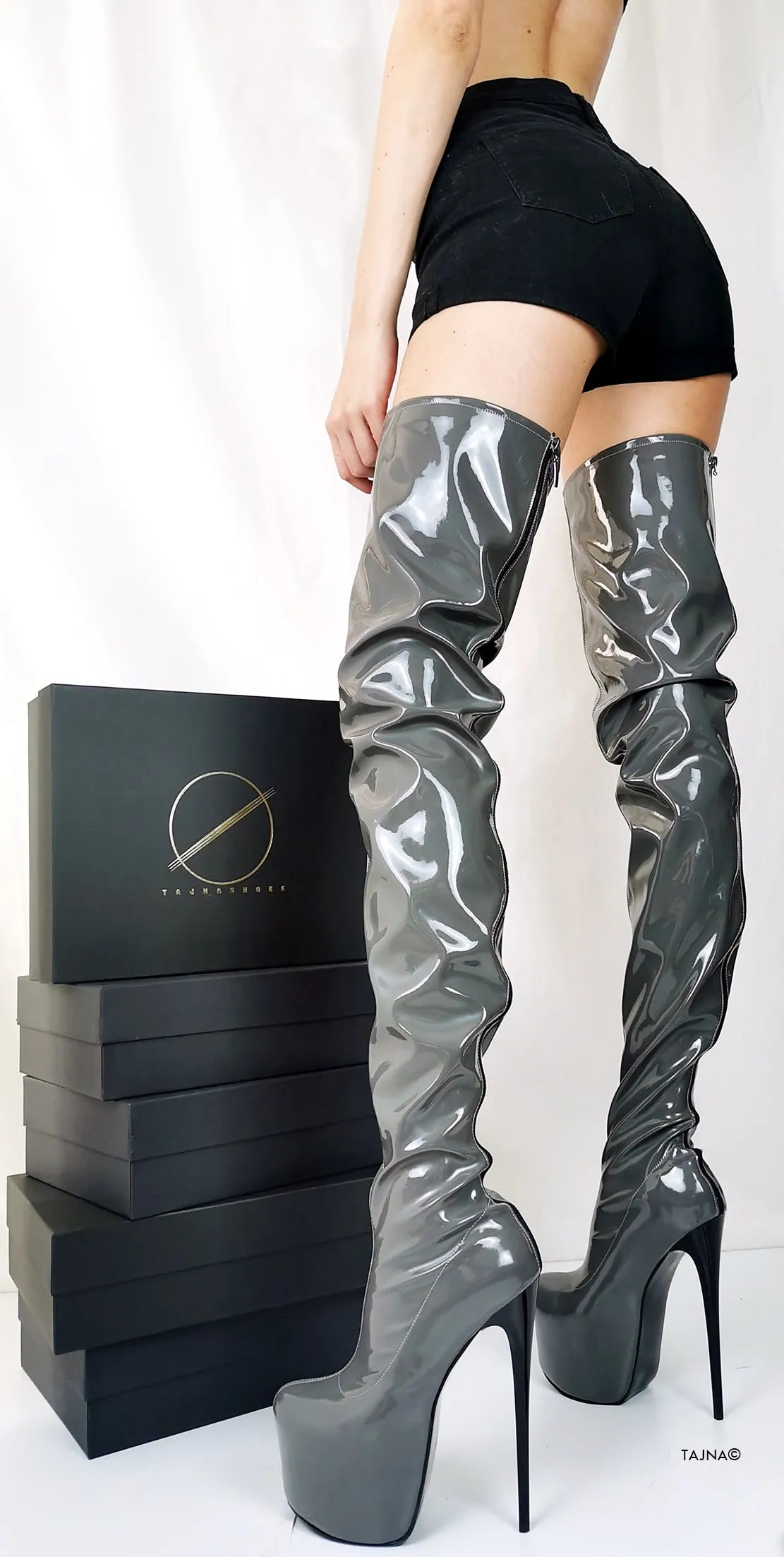 Gray Gloss Back Zipper Thigh High Boots