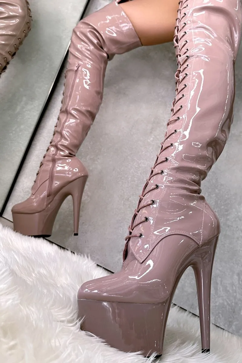 Hella Heels LipKit Thigh High Front Lace 7inch Boots - Boujee