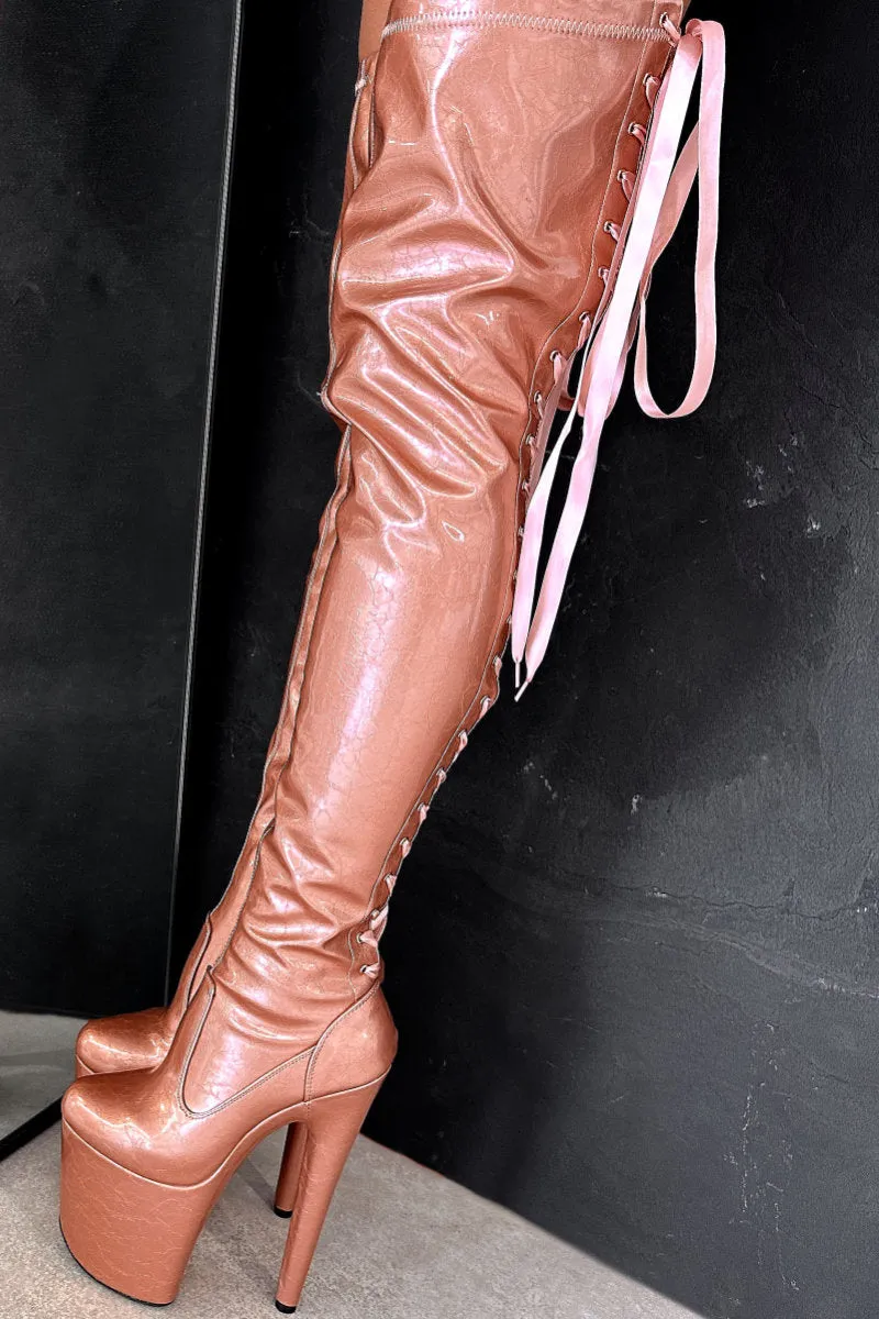 Hella Heels Thigh High 8inch Boots - Rose Gold