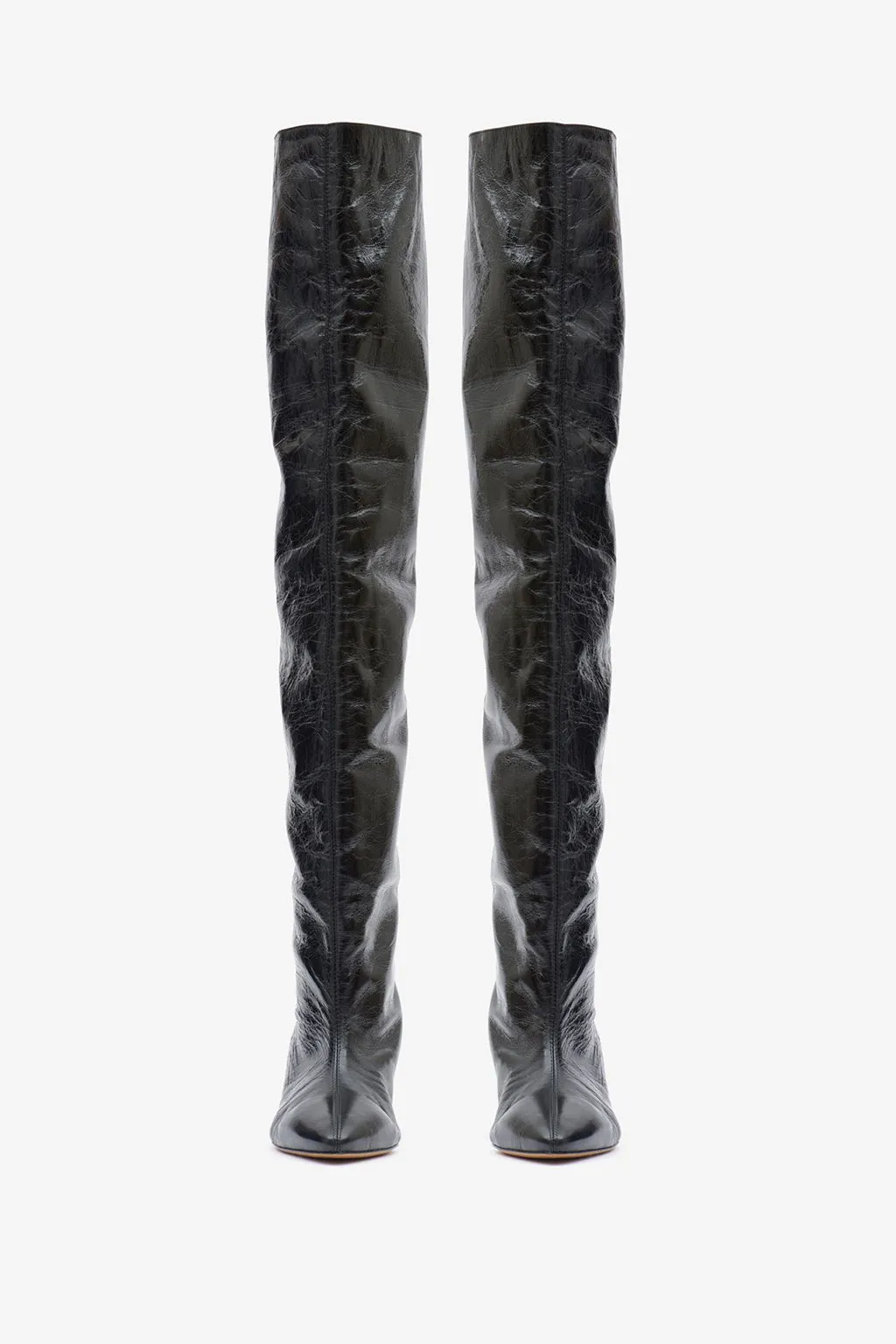 LISALI PATENT LEATHER POINT TOE THIGH HIGH BOOTS IN BLACK