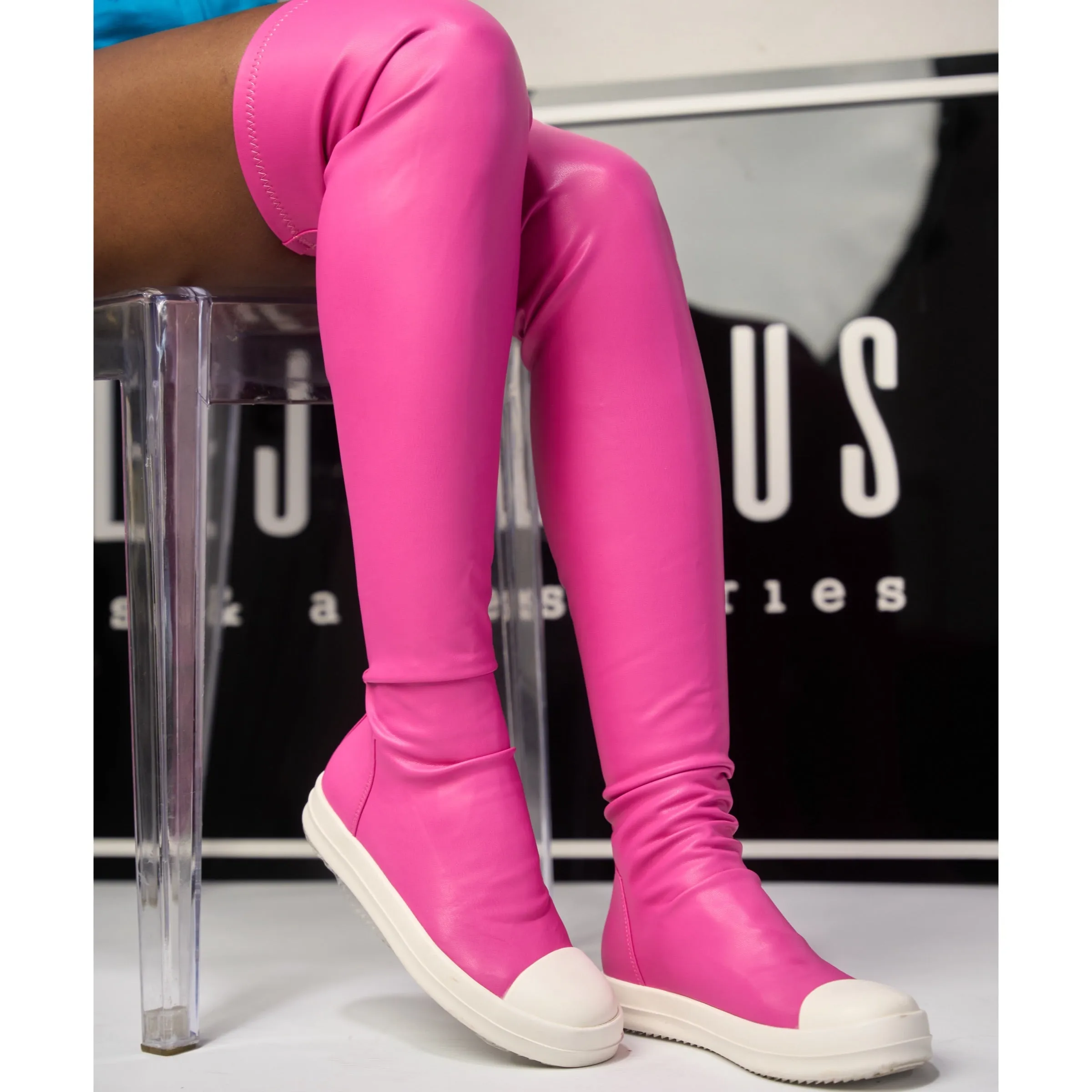 pink leather flat over the knee high boot - wannabe