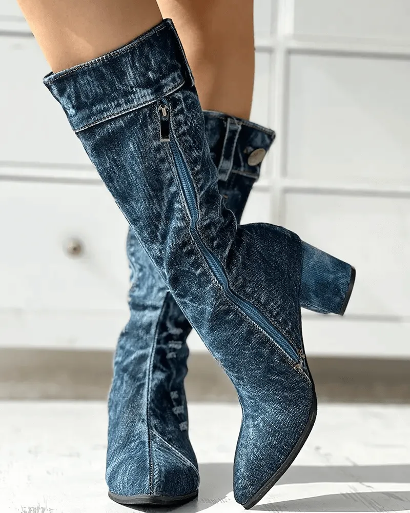 Pointed Toe Denim Zipper Boots