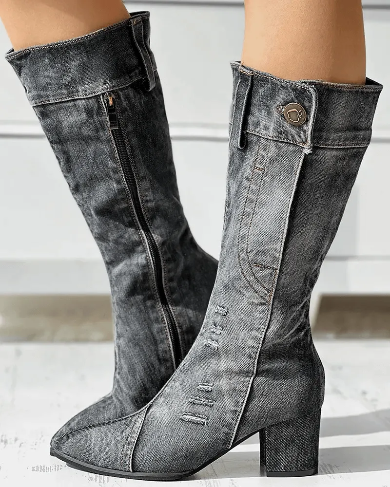 Pointed Toe Denim Zipper Boots