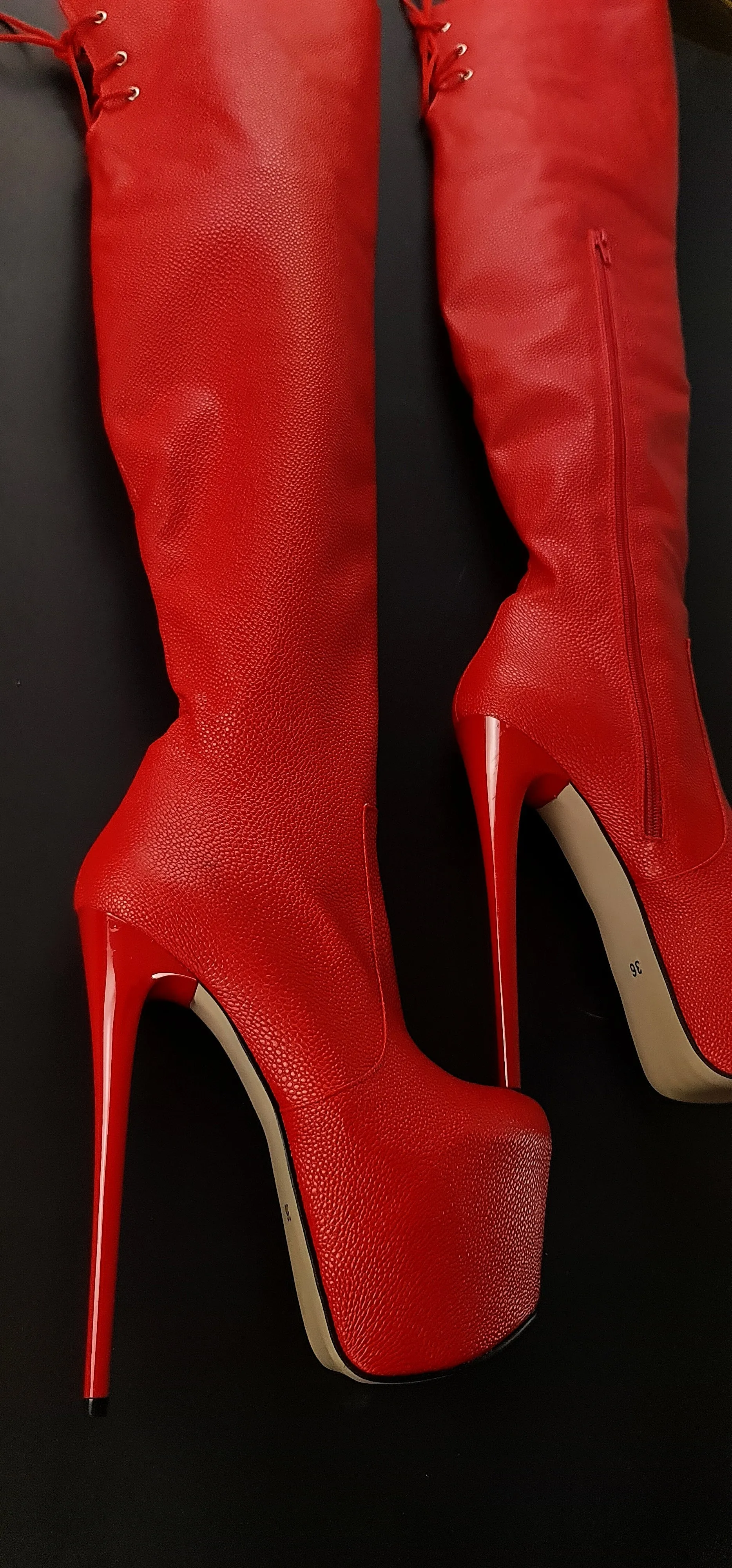 Red Back Lace High Heel Thigh Boots