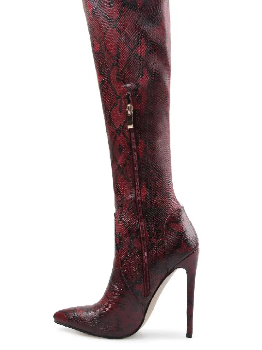 Red Python Lycra Stiletto Thigh High Boots