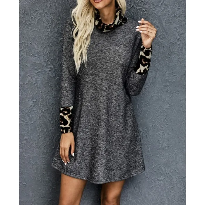 Swing Dress with Leopard Trim