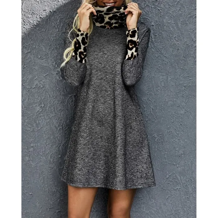 Swing Dress with Leopard Trim