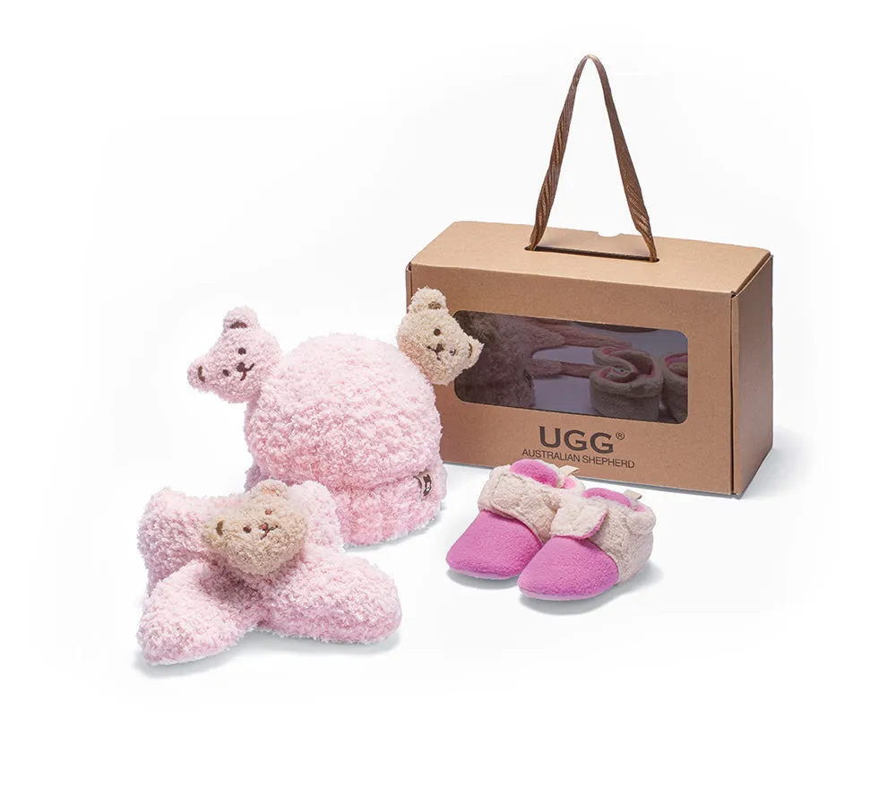 UGG AUSTRALIAN SHEPHERD Baby Booties Gift Set with Shearling Bear Beanie and Scarf