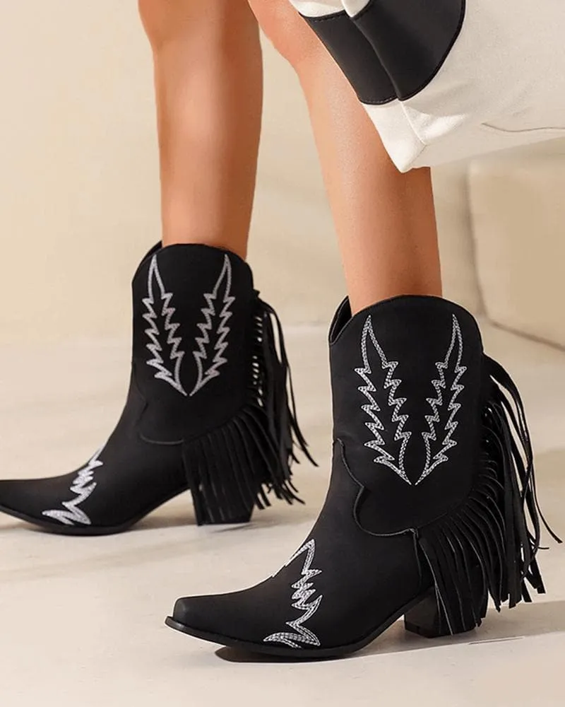 Women's Fashion Web celebrity style Floral Embroidery Tassel Ankle Boots